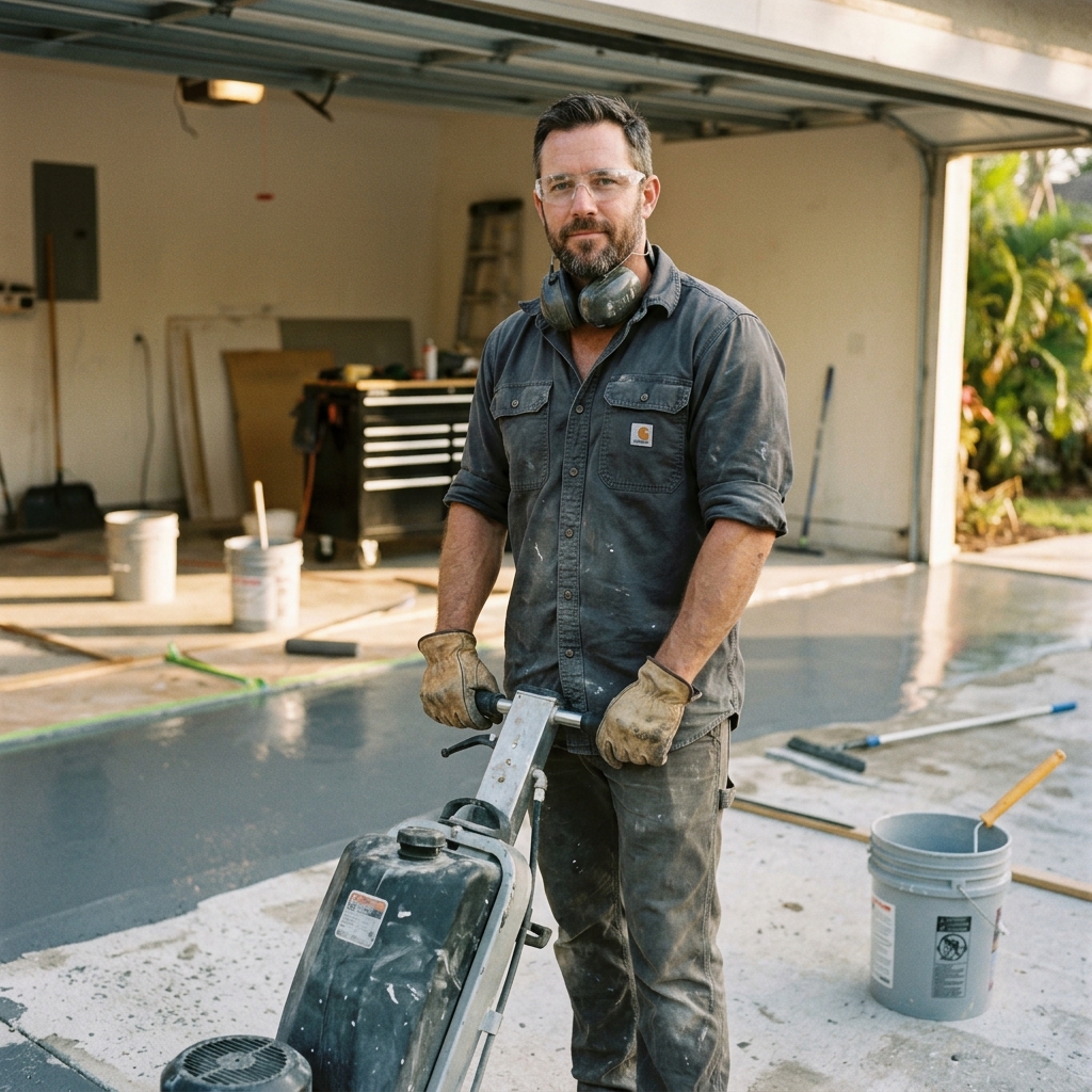 Ben, owner of Tri County Epoxy and Painting Pros, on a job site in Port St. Lucie, Florida, operating diamond grinding equipment