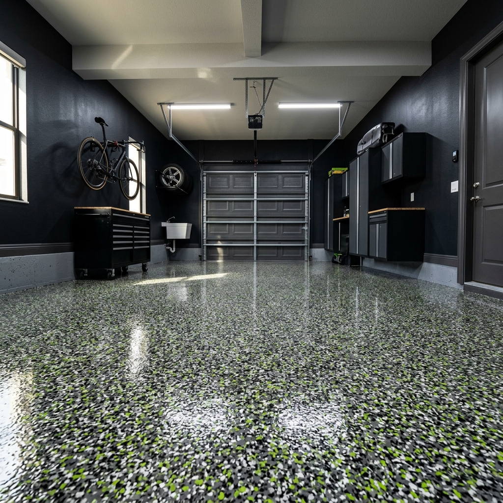 After: mirror-gloss polyaspartic full-flake garage floor at PGA Village, Port St. Lucie