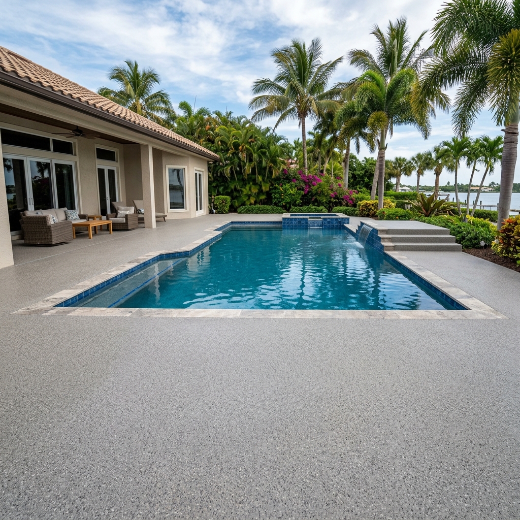 After: textured slip-resistant epoxy coating on pool deck in Vero Beach, Florida