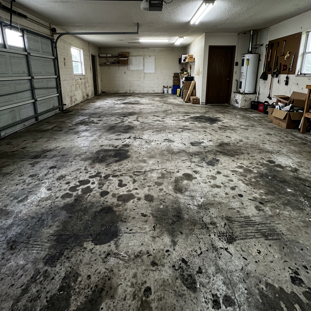 Before: oil-stained bare concrete garage floor at PGA Village, Port St. Lucie