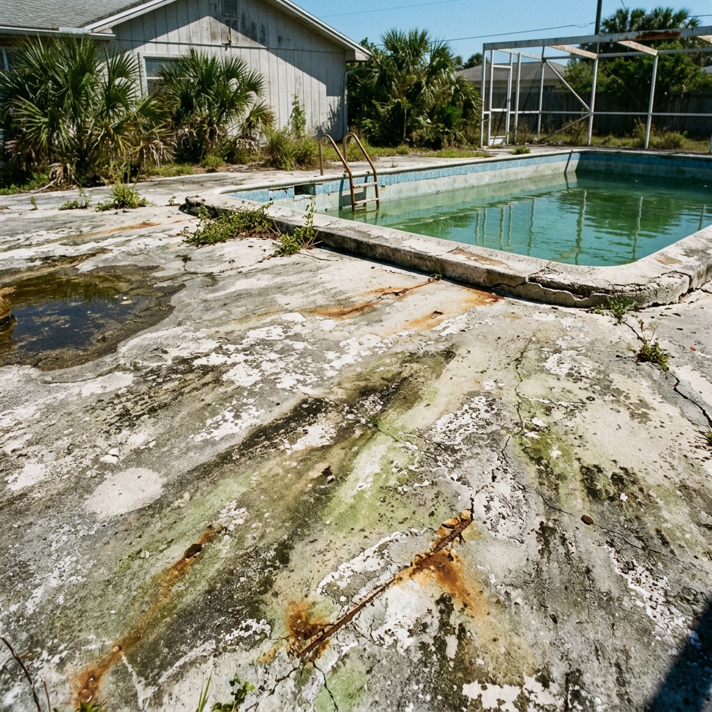 Before: weathered, algae-stained concrete pool deck in Vero Beach, Florida