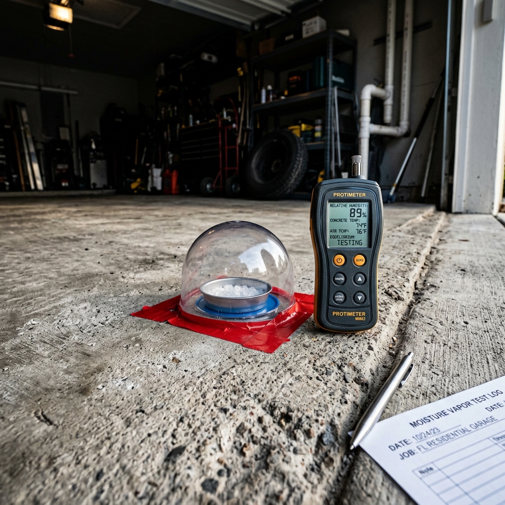 Moisture vapor emission test equipment on a freshly diamond-ground concrete slab in a Port St. Lucie Florida garage