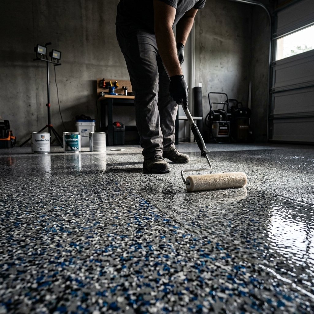 Professional applying polyaspartic topcoat over completed vinyl flake epoxy floor in Port St. Lucie, Florida, achieving a mirror-gloss finish